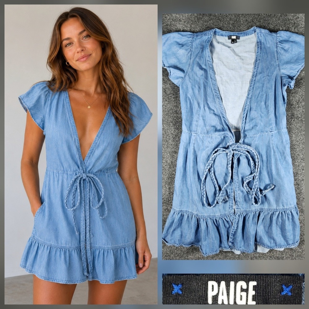Paige Carson Denim Wrap Dress Blue XS Flutter Sleeve Braided Belt 5765F38-7608